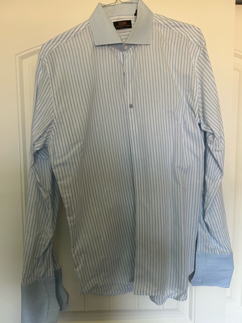 Men's Light Blue Pinstripe Dress Shirt with Contrast Cuffs